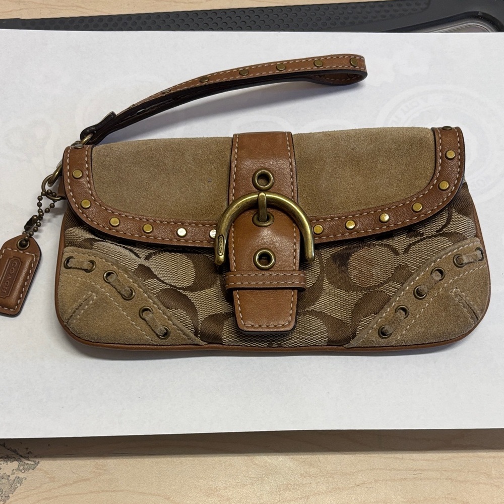 Brown and Tan Wristlet with Gold Accents